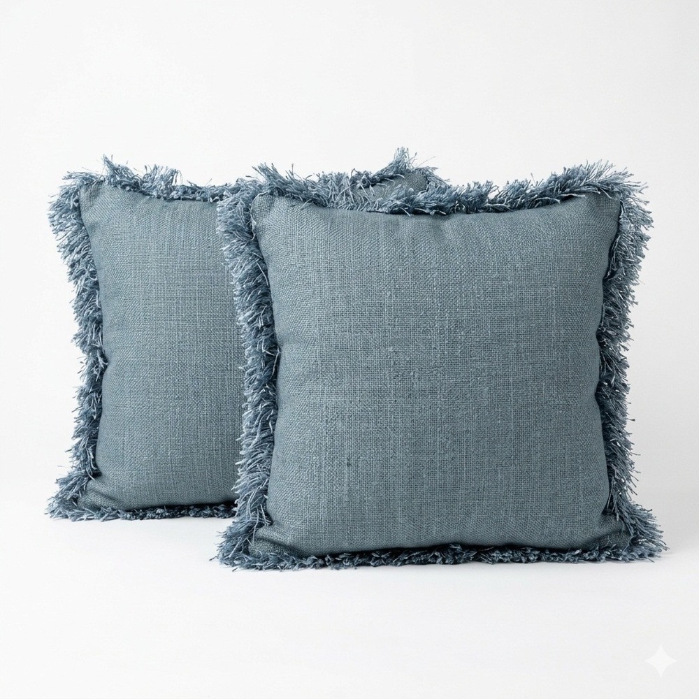 Pier 1 Teal Blue Fringed Throw Pillow Shams 19x19‎ Square Textured Set of 2